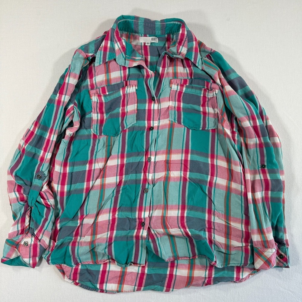 Kut from the Kloth Womens Caillen Flannel Relaxed Button Down Shirt Plaid Blue L
